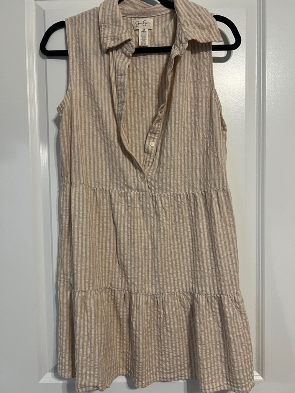 Jessica Simpson Beige and White Striped Sleeveless Collared Dress